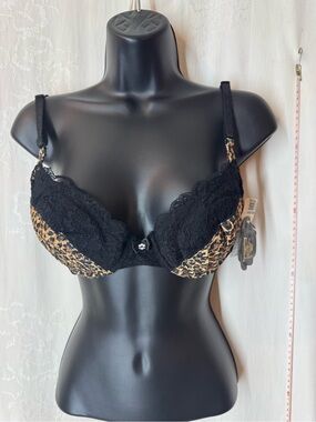 Vintage Felina Black Lace & Leopard-Print Underwire Bra